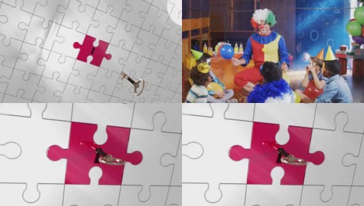 在小丑和孩子们的派对上解开钥匙的动画拼图高清在线视频素材下载
