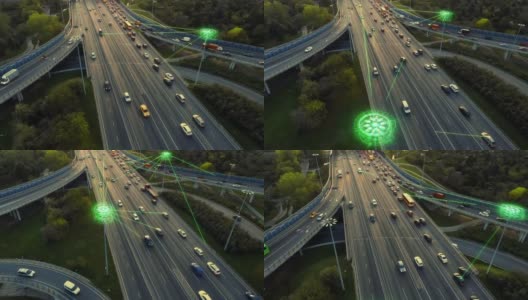 这是5G技术在高速公路车辆通信中的一个明显例子。从空中看到的高速公路十字路口。高清在线视频素材下载