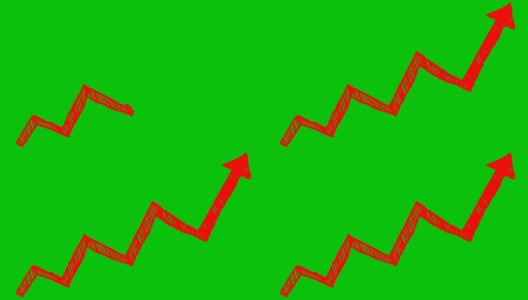 动画财务增长图表与趋势线图。红色箭头图标。经济增长条形图。手绘矢量插图孤立在绿色背景上。高清在线视频素材下载