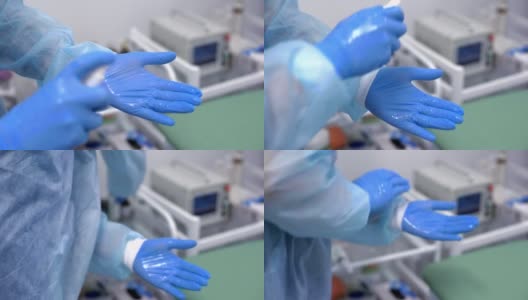 医生用喷雾消毒乳胶手套。医学与健康理念高清在线视频素材下载
