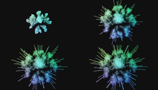 蓝色粉末在黑色背景上爆炸。3d动画的粒子作为彩色的背景或覆盖的效果。一阵阵五彩的颜料粉，为胡里节的绚烂呈现。14高清在线视频素材下载
