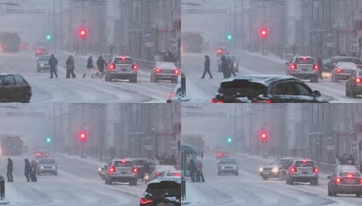 高美尔、白俄罗斯。城市交通在苏维茨卡亚街在冬季雪夜时间高清在线视频素材下载