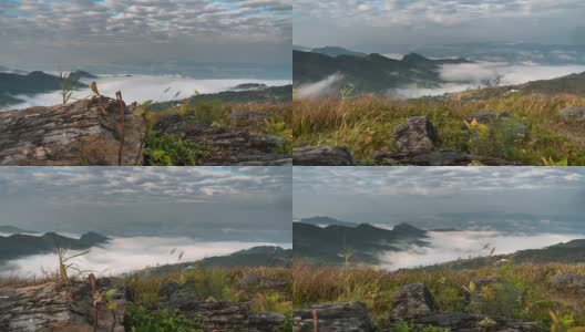 时间流逝的雾滚动流过山脉，多莉拍摄高清在线视频素材下载