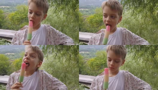 男孩吃着冰淇淋在公园里享受大自然高清在线视频素材下载