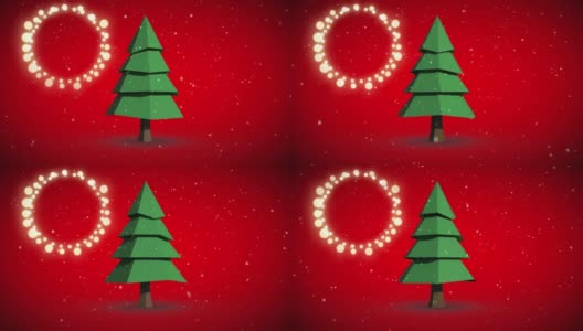 动画的童话灯框架与复制空间和圣诞树在红色的背景高清在线视频素材下载