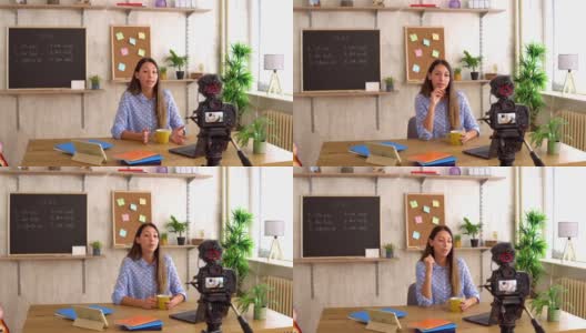 女教师在讲授德语课时，及时用摄像机和三脚架拍摄病毒高清在线视频素材下载