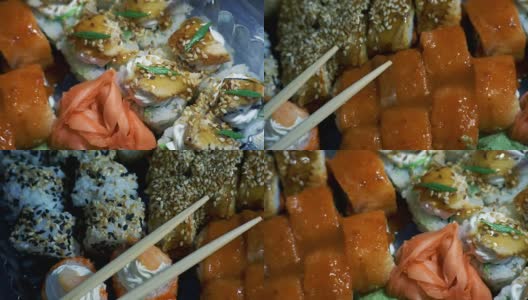 不同类型的开胃寿司在塑料容器高清在线视频素材下载