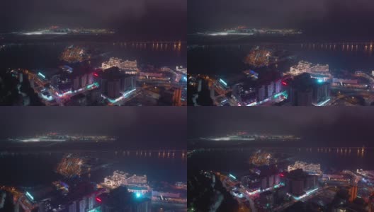 夜间灯光照亮澳门城湾香港收费站交通空中全景4k中国高清在线视频素材下载