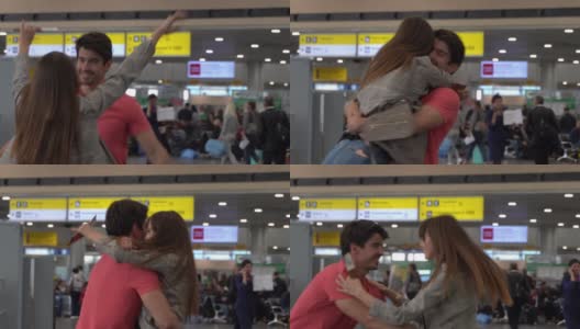 英俊的男人在机场接他的伴侣时，他们非常兴奋和幸福的拥抱高清在线视频素材下载