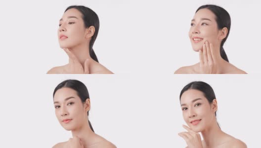 美丽的年轻亚洲女人的肖像触摸脸和健康的皮肤。高清在线视频素材下载