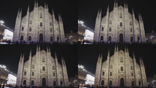 傍晚的米兰大教堂和维托里奥·埃马努埃莱画廊。冬季夜晚米兰的主要广场。意大利,2019年12月高清在线视频素材下载