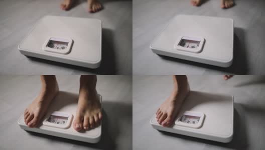 妇女站腿活动用光脚量体重秤进行饮食高清在线视频素材下载