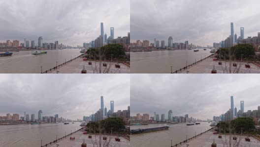 美丽的上海城市景观，浑浊的天空背景，货船在黄浦江上航行，4k镜头，延时视频，b卷拍摄。高清在线视频素材下载