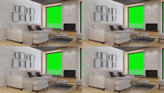白色斯堪的纳维亚客厅与生态壁炉。现代室内概念。色度键与绿色背景。高清在线视频素材下载