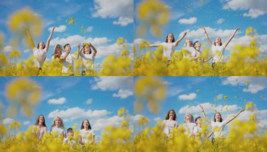 SUPER SLO MO Family扔黄色的花在空中高清在线视频素材下载
