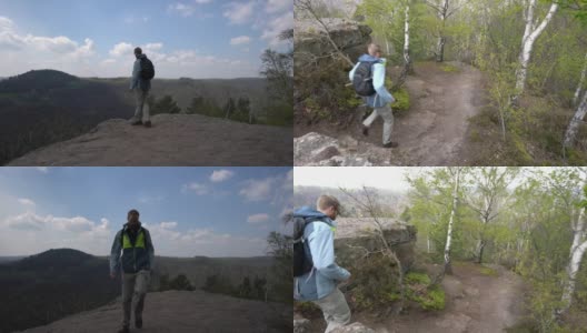 让徒步旅行者走下坡的小路进入森林高清在线视频素材下载