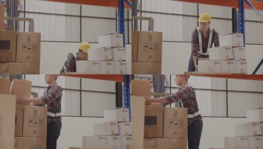 工人在工作，将箱子放在仓库叉车上进行物流配送。建筑工人信心十足地团队工作，完成装箱工作。运输业务。概念蓝领高清在线视频素材下载