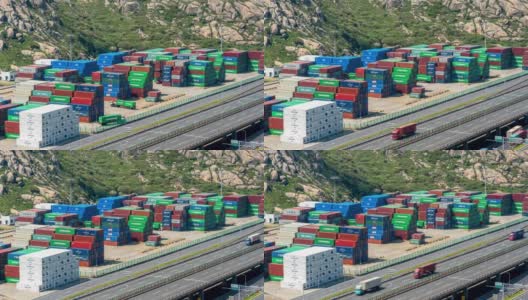 4K时间推移:鸟瞰图工业港口与货轮和集装箱卡车在桥上高清在线视频素材下载