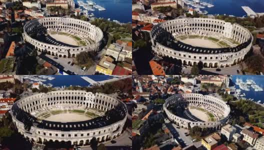 普拉罗马圆形剧场鸟瞰图。伊斯特里亚,克罗地亚高清在线视频素材下载
