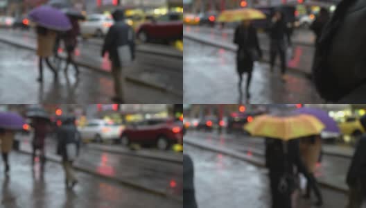伊斯坦布尔卡迪科伊，模糊的女人拿着五颜六色的雨伞慢镜头走在街上高清在线视频素材下载