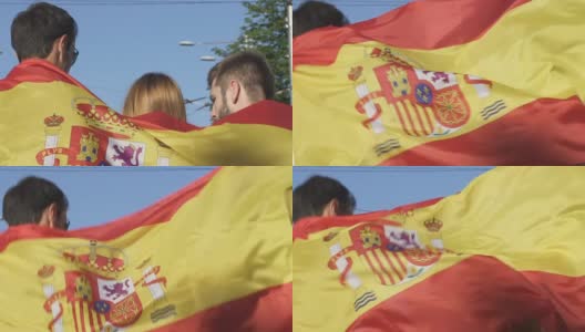 开朗的西班牙朋友们积极地跳起来支持国家队，动作缓慢高清在线视频素材下载