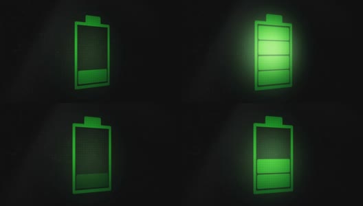 3d动画:黑色像素屏幕上的充电电池图标为绿色的动画背景。垂直的。镜头转向右侧。缩放。增加了。高清在线视频素材下载