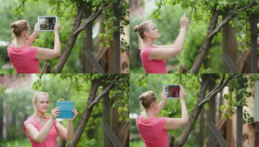 年轻女子用她的pad拍自然风景的照片高清在线视频素材下载