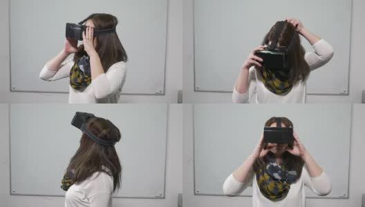 一名女子在教室里测试虚拟现实眼镜，教室后面有白板高清在线视频素材下载