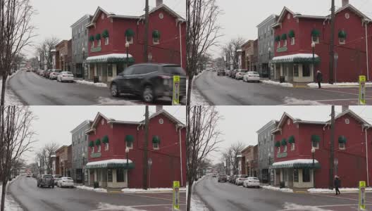 普通小镇主街店面的冬日建立镜头高清在线视频素材下载