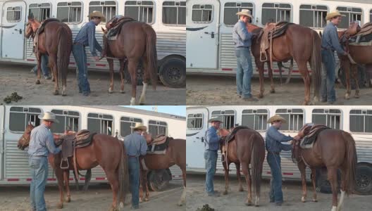 两个牛仔准备他们的马骑马在犹他州，美国高清在线视频素材下载