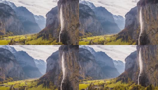 Swiss Mountain Village Lauterbrunnen Waterfall Switzerland Aerial 4k高清在线视频素材下载