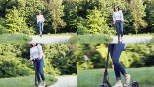 美丽的黑发女人b在公园踢踏板车上滚动高清在线视频素材下载