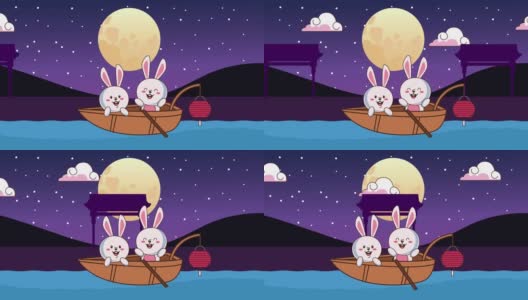 中秋动画与兔子夫妇在夜里的船高清在线视频素材下载