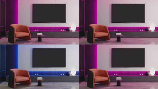 RGB灯蓝色到粉红色，关闭循环-电视室现代极简主义内部配备8K电视高清在线视频素材下载