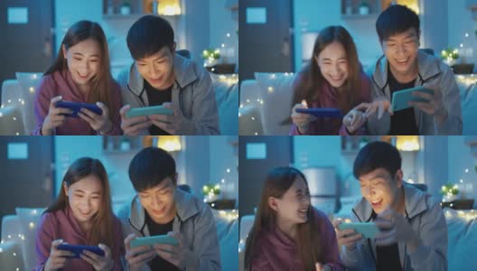 亚洲夫妇玩手机游戏高清在线视频素材下载