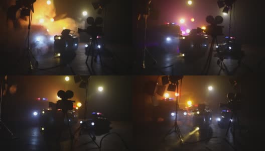 动作电影的概念。以雾为背景的黑色警车和微型电影。一辆警车在晚上追一辆车。犯罪现场。有选择性的重点高清在线视频素材下载