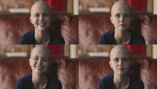 女癌症患者乐观地微笑着看着镜头高清在线视频素材下载