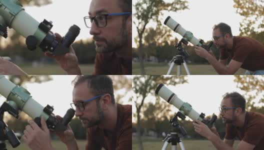 业余天文学家用望远镜观察天空。高清在线视频素材下载
