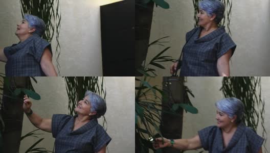一位在家中花园里照料植物的妇女高清在线视频素材下载