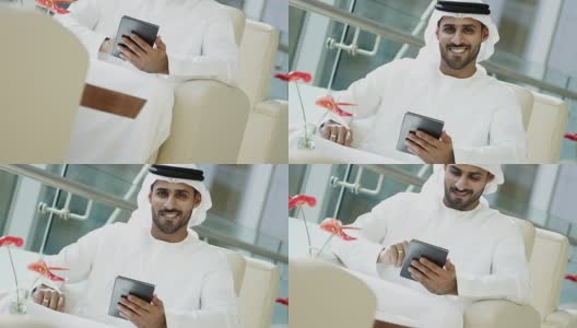 肖像阿拉伯男性商务顾问平板市中心酒店高清在线视频素材下载
