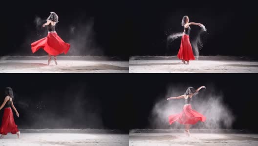 美丽的芭蕾舞演员在演播室与粉雪跳舞。高清在线视频素材下载