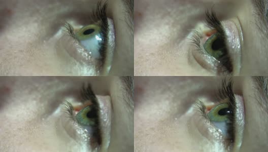特写的绿色女性眼睛眨眼和虹膜聚焦。UHD股票视频高清在线视频素材下载