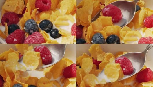 健康的早餐麦片。玉米片和水果。高清在线视频素材下载