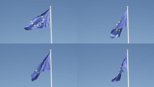 慢镜头欧盟旗帜在白旗杆上升起，迎风飘扬高清在线视频素材下载