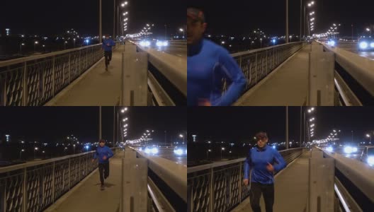 晚上在桥边慢跑的运动员。一个穿着运动服的男人在晚上跑步。男正在健身，车路过。傍晚沿着高速公路慢跑。高清在线视频素材下载