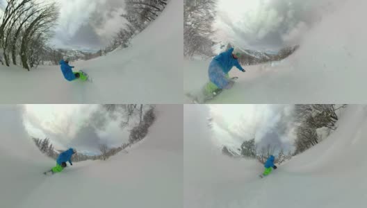 VR 360:极限滑雪板粉碎阿尔卑斯山未被触及的粉末雪。高清在线视频素材下载