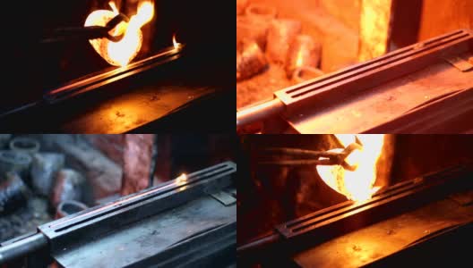 铁水在铁匠铺手工铸造成模具高清在线视频素材下载