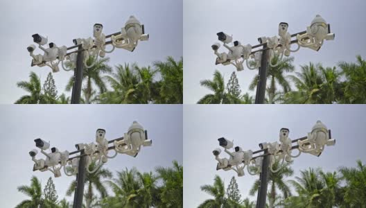 4k连续镜头，多台闭路电视(CCTV)对柱。高清在线视频素材下载