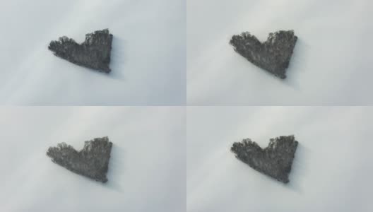 一架无人机穿过云层，在一片真正的心形森林上拍摄。暴风雪中的浪漫现象。高清在线视频素材下载