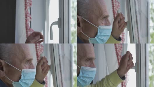 皱巴巴的戴着面罩的老人打开窗户的通风口，让空气进入特写镜头高清在线视频素材下载